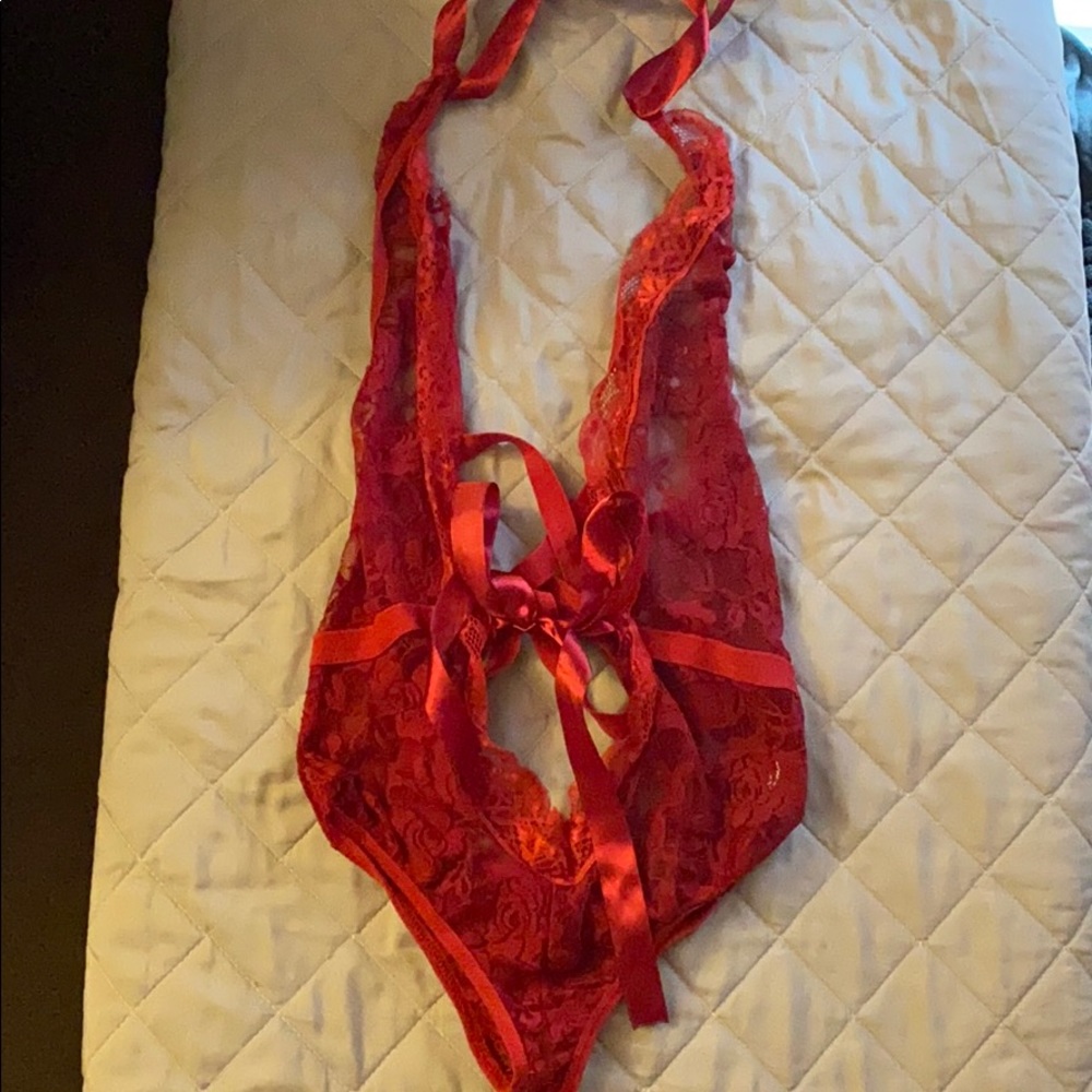 red lace bodysuit with satin strings